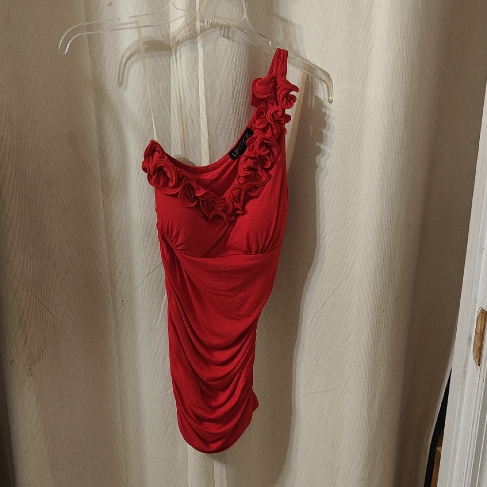 Red Lipstick One-Shoulder Blouse with Ruffle Detail Size S NWT